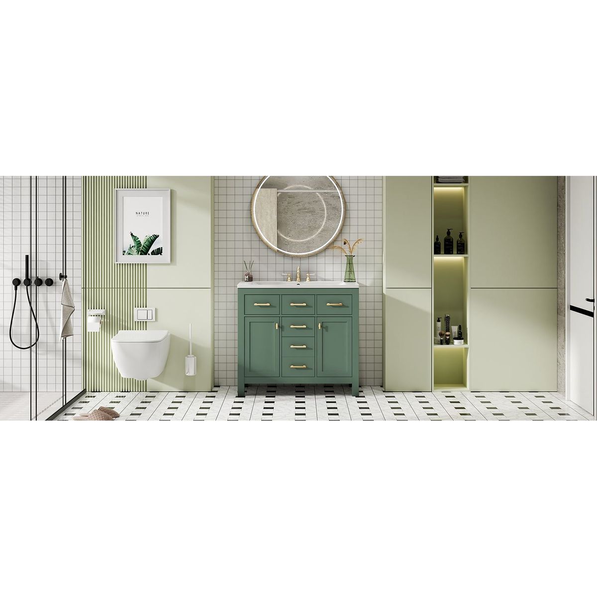 36" Bathroon Vanity with Resin Sink Combo Set,Modern Freestanding Single Bathroom Cabinet with 4 Drawers & 2 Cabinets,Storage Cabinet for Bathroom, Solid Wood Frame Vanity Set, Green