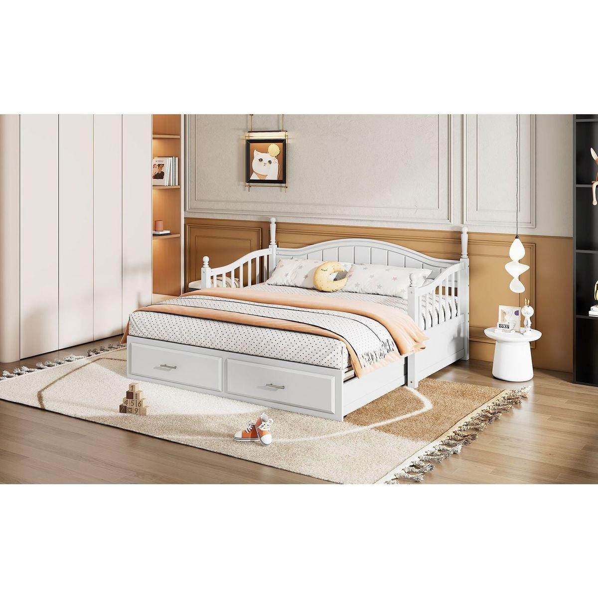 Wooden Twin Size Daybed with Twin Size Trundle, Extendable Daybed with Two Storage Drawers,White