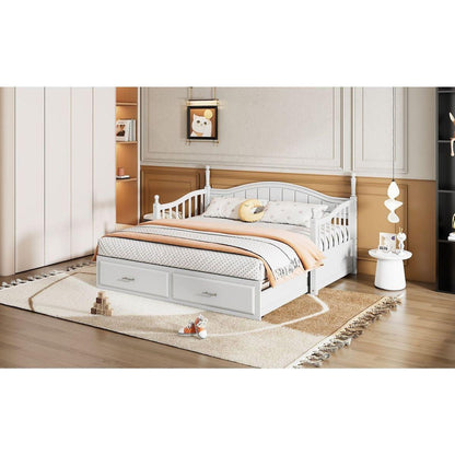 Wooden Twin Size Daybed with Twin Size Trundle, Extendable Daybed with Two Storage Drawers,White