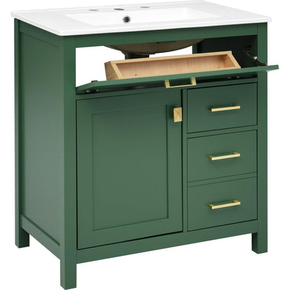 30-Inch Green Bathroom Vanity with Ceramic Sink and Ample Storage - Ideal Choice for Small Bathrooms