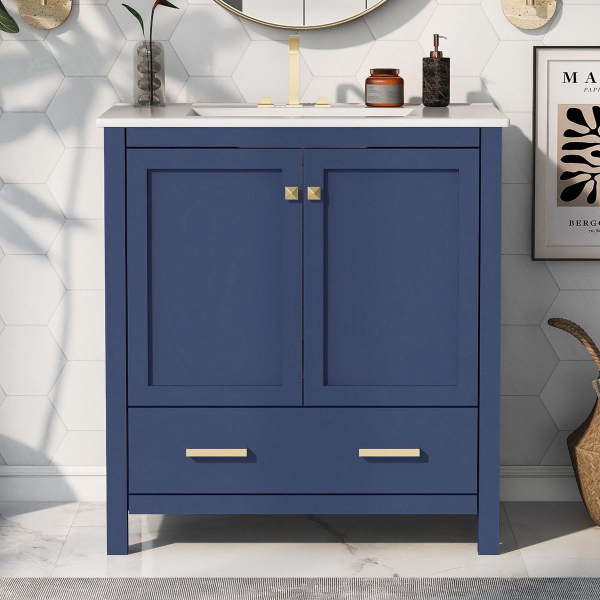 30" Blue Bathroom Vanity with Single Sink, Combo Cabinet Undermount Sink, Bathroom Storage Cabinet with 2 Doors and a Drawer, Soft Closing, Multifunctional Storage, Solid Wood Frame