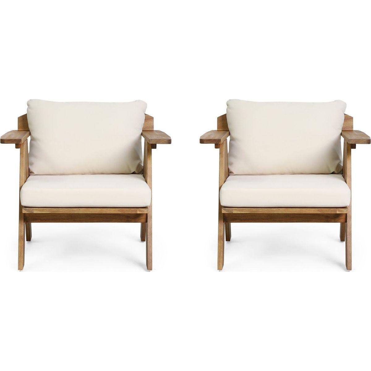 Outdoor Acacia Wood Club Chairs with Cushions (Set of 2), Teak Finish+ Beige, 30.75" W x 30.25" D x 26.00" H