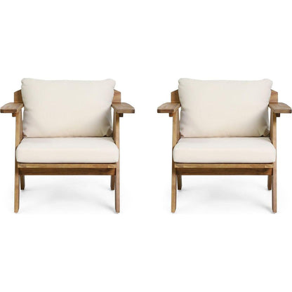 Outdoor Acacia Wood Club Chairs with Cushions (Set of 2), Teak Finish+ Beige, 30.75" W x 30.25" D x 26.00" H