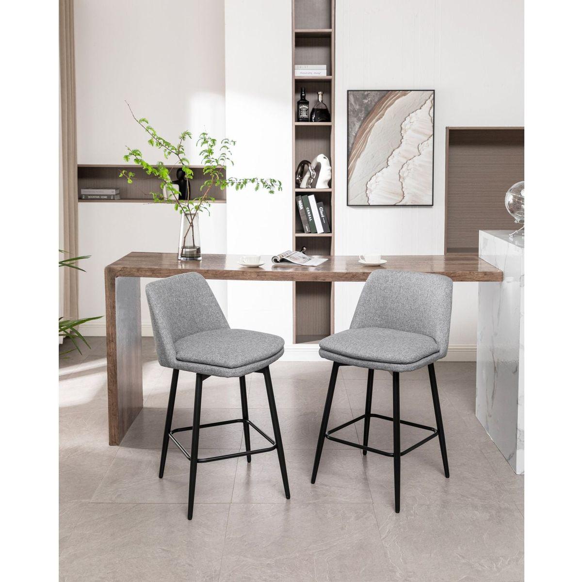 Counter Height Swivel Bar Stools Set of 2, 360 Swivel Upholstered Barstools with Back and Metal Legs, 25.6" Seat Height,Counter Stools for Kitchen Island and Pub,Linen Cloth,Grey