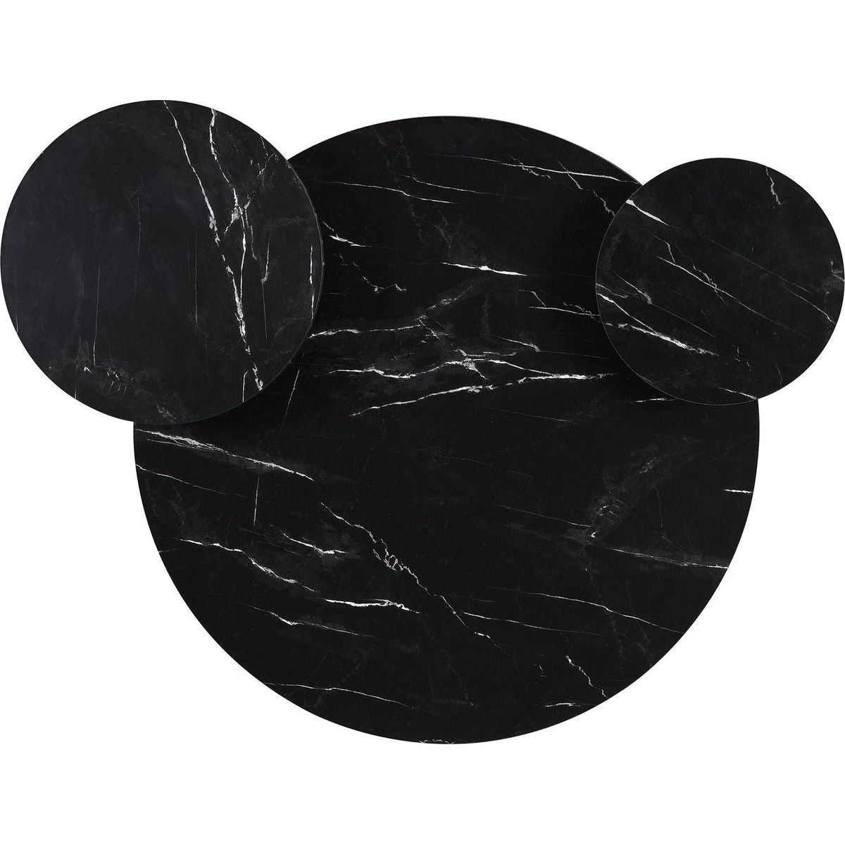 Modern coffee table with two display shelves, Black Faux marble surfaces, Tripod-inspired base,Rounded tabletop edges