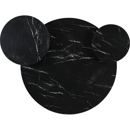 Modern coffee table with two display shelves, Black Faux marble surfaces, Tripod-inspired base,Rounded tabletop edges