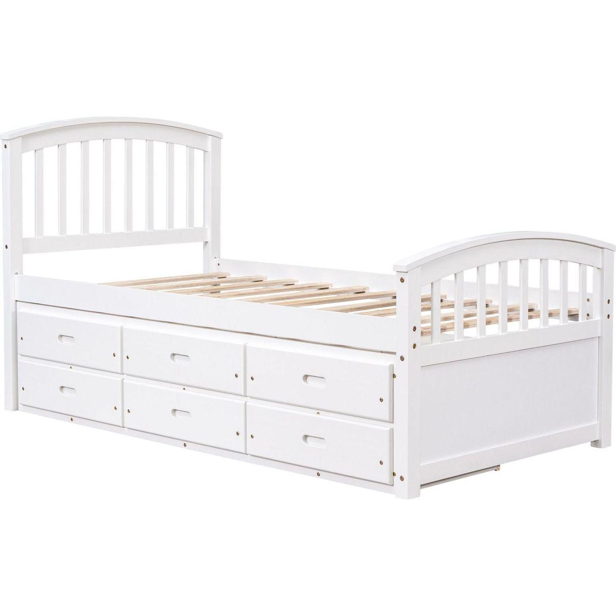 Twin Size Platform Storage Bed Solid Wood Bed with 6 Drawers,White