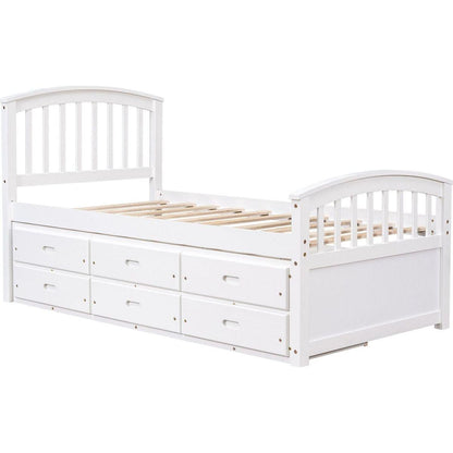 Twin Size Platform Storage Bed Solid Wood Bed with 6 Drawers,White