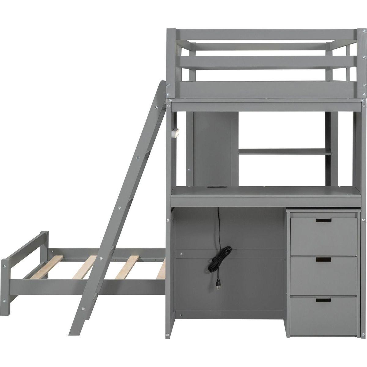 Twin over Twin Bunk Bed with LED Light and USB Ports, Gray