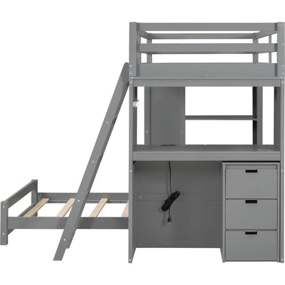 Twin over Twin Bunk Bed with LED Light and USB Ports, Gray