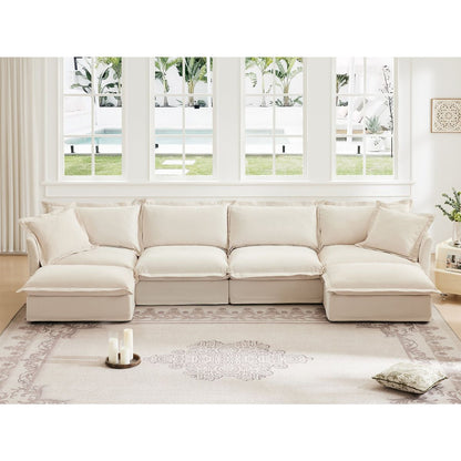 Slipcovered U Shape Sectional Wide and Deep Seat Sofa Couch, 4 Seater Sofa with French Edges Design Multiple Big Pillows, Soft Deep Seat Comfy Cloud Couch for Living Room, Apartment, Chenille Fabric