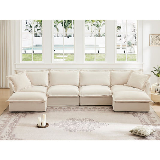 Slipcovered U Shape Sectional Wide and Deep Seat Sofa Couch, 4 Seater Sofa with French Edges Design Multiple Big Pillows, Soft Deep Seat Comfy Cloud Couch for Living Room, Apartment, Chenille Fabric