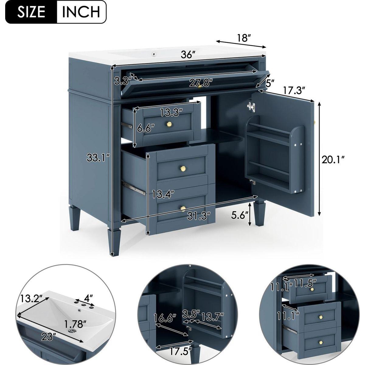 36" Bathroom Vanity with Top Sink, Modern Bathroom Storage Cabinet with 2 Drawers and a Tip-out Drawer, Single Sink Bathroom Vanity