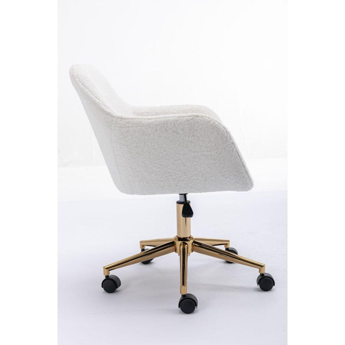 Modern Teddy Fabric Material Adjustable Height 360 Revolving Home Office Chair With Gold Metal Legs And Universal Wheel For Indoor,White