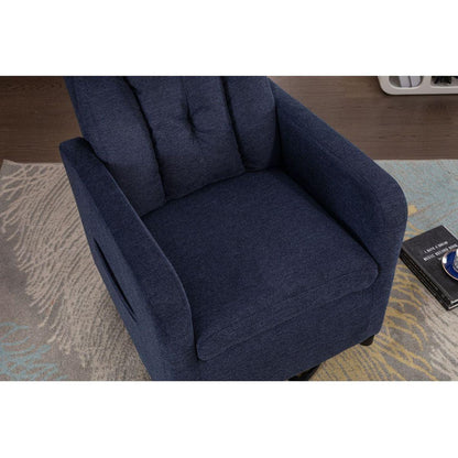 Linen Fabric Swivel Rocking Chair Gilder Chair With Pocket,Navy Blue