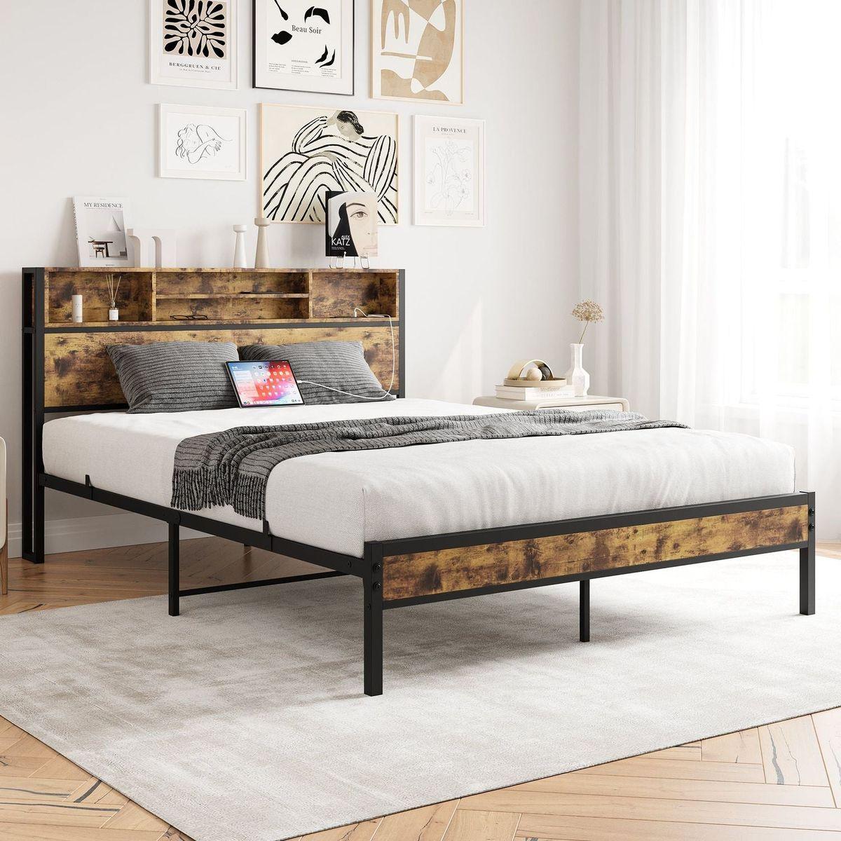 Queen Bed Frame with Storage Headboard, Metal Platform Bed with Charging Station, Bookcase Storage, No Box Spring Needed, Easy Assembly, Noise-Free, Black