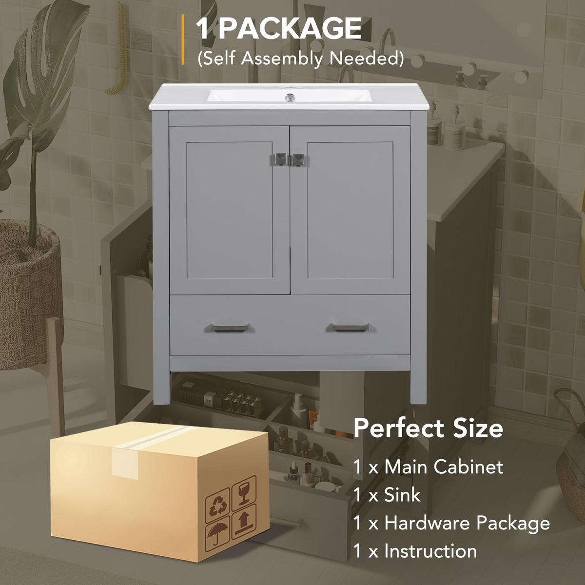 30" Gray Bathroom Vanity with Single Sink, Combo Cabinet Undermount Sink, Bathroom Storage Cabinet with 2 Doors and a Drawer, Soft Closing, Multifunctional Storage, Solid Wood Frame