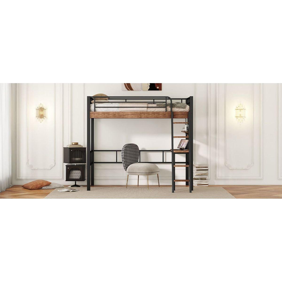 Metal Twin Size Loft Bed with Built-in Desk, Storage Shelf and Ladder, Black