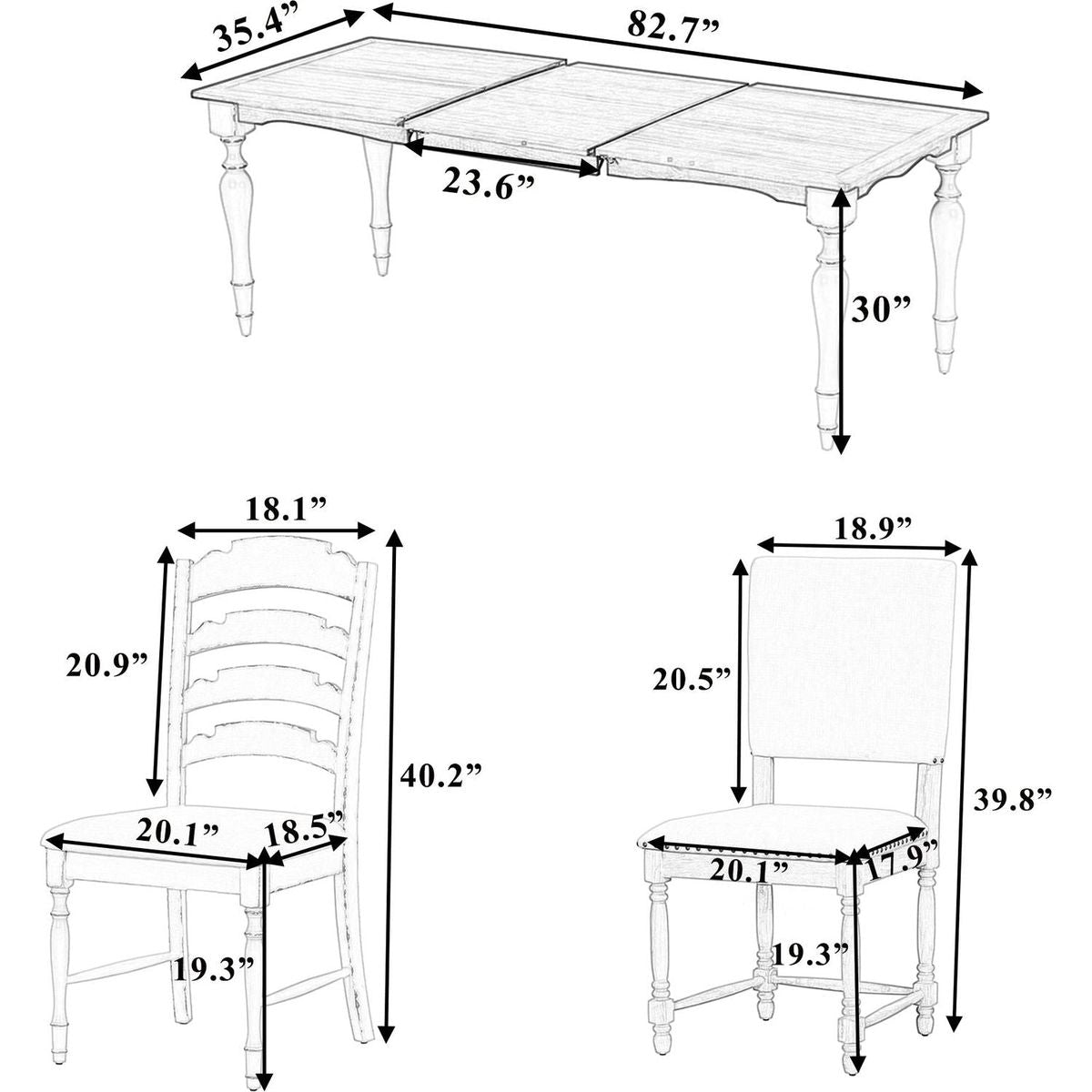 Vintage Traditional 7-Piece 82.7inch Extendable Dining Table Set with 23.6inch Removable Leaf, 4 Serrated Back Chairs and 2 Upholstered Back Dining Chairs for 6, Natural