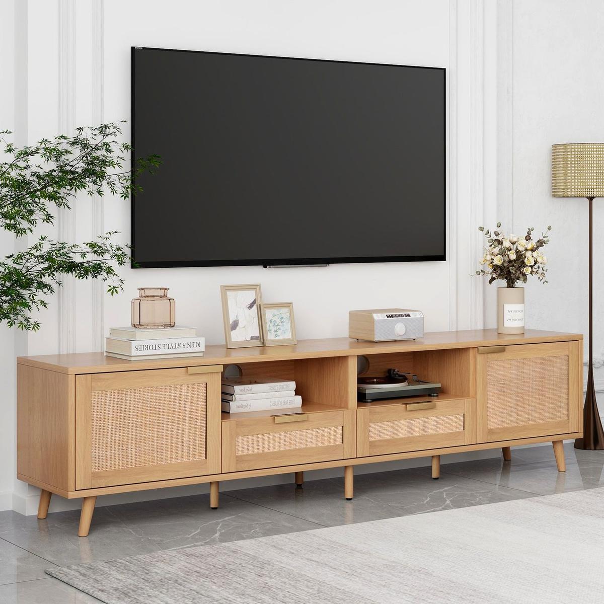Rattan TV Stand for TVs up to 85", Modern Farmhouse Media Console, Entertainment Center with Solid Wood Legs, TV Cabinet for Living Room,Home Theatre