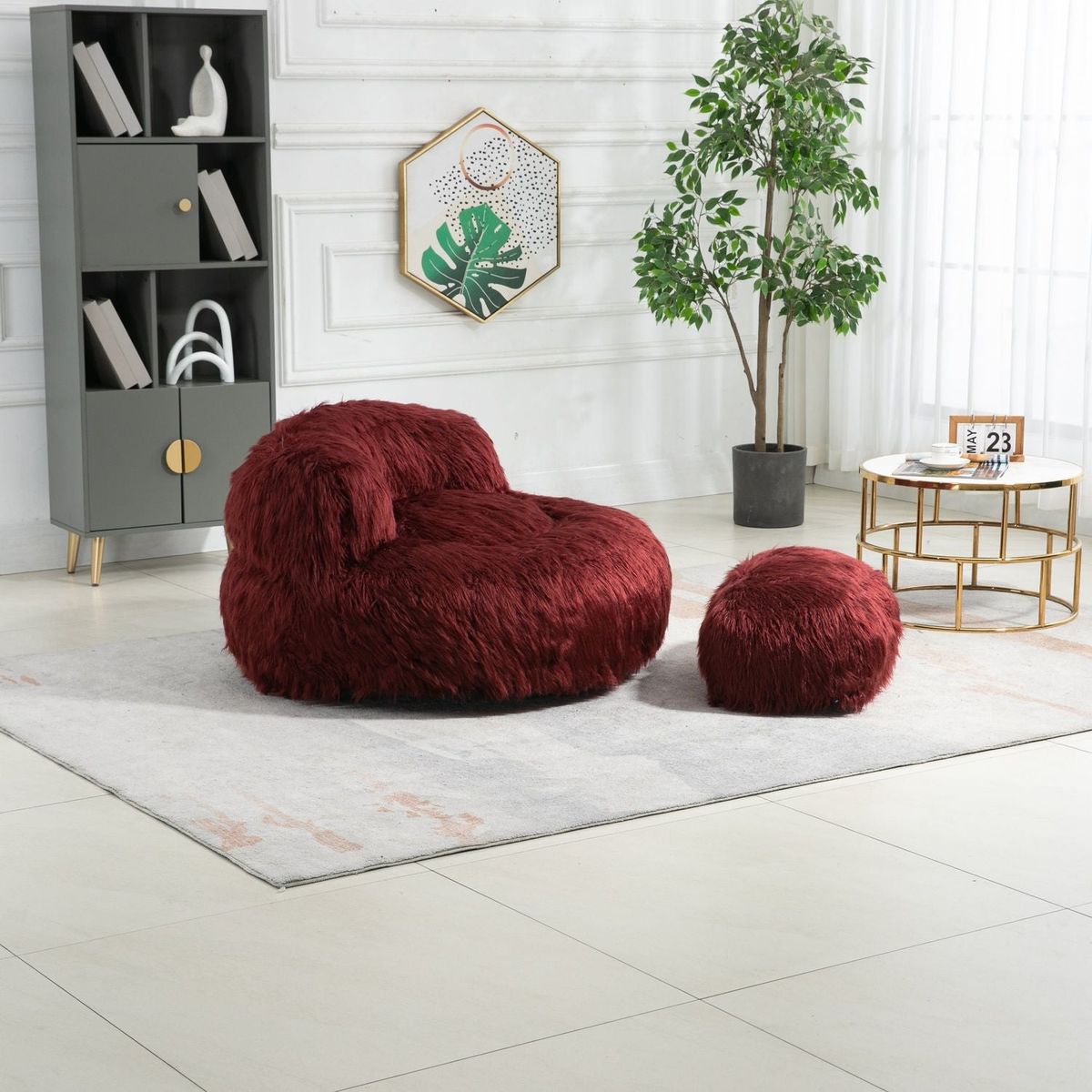 Bean Bag Chair Faux fur Lazy Sofa /Footstool Durable Comfort Lounger High Back Bean Bag Chair Couch for Adults and Kids, Indoor