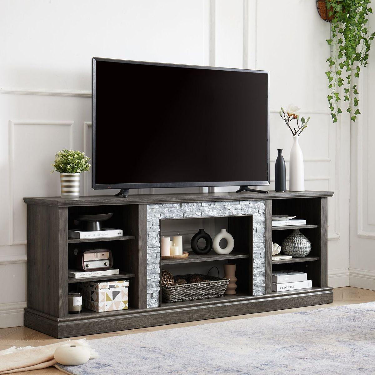 Large TV Stand TV Desk Storage Rack with Faux Stacked Stone Surround,Media Console Table with Large Storage Cabinet,Modern TV Media Entertaionment Stand,GREY, 70.12"Wx15.35"Dx25.83"H