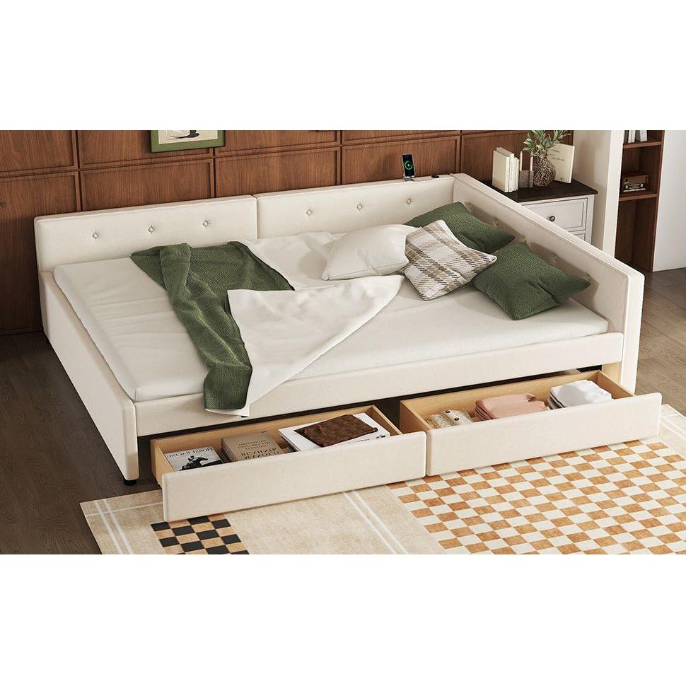 Queen Size Upholstered Platform Bed with USB and 2 Drawers, Beige