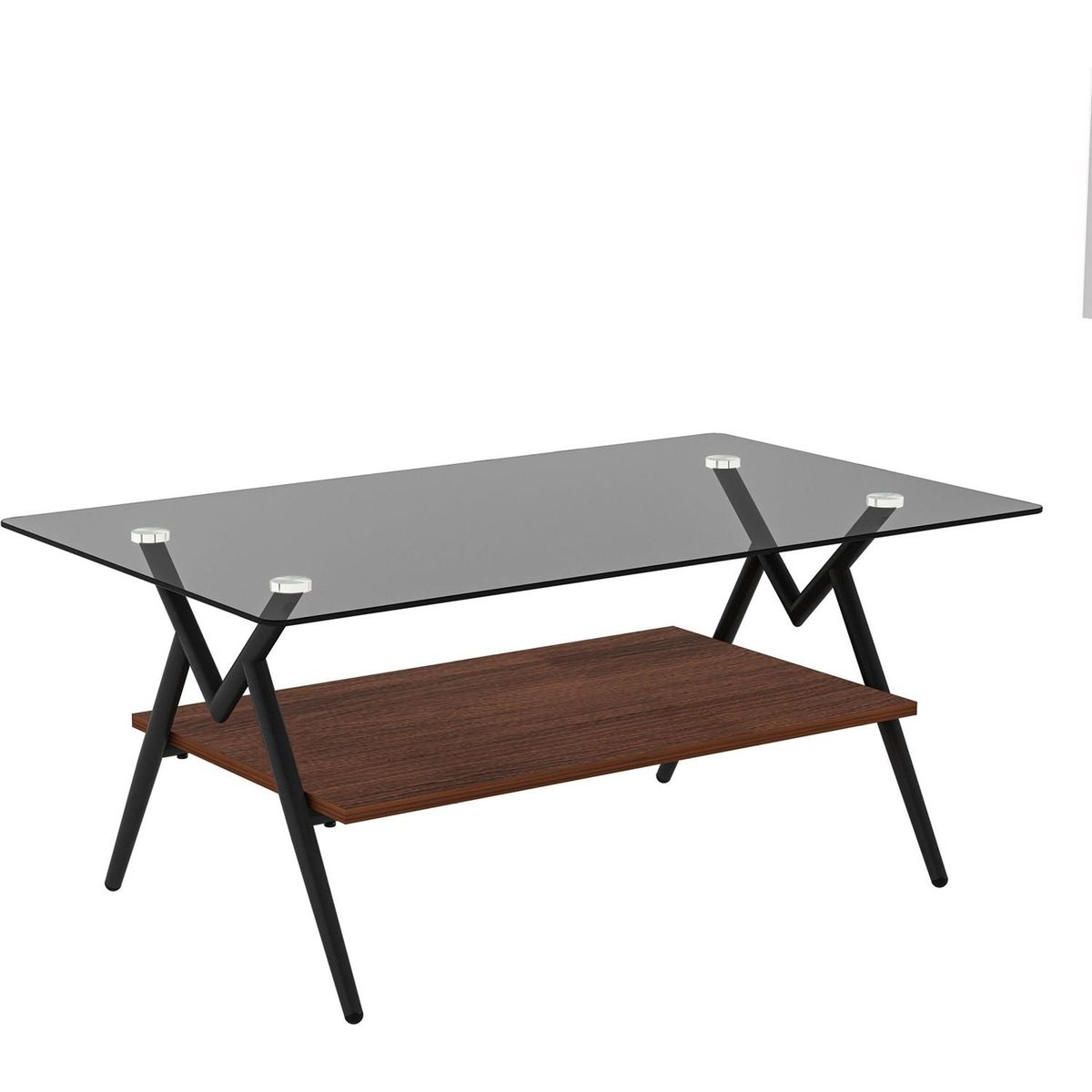 Rectangle Coffee Table with Tempered Glass top and Brown MDF Shelf, Modern Table for Living Room, Gray Glass