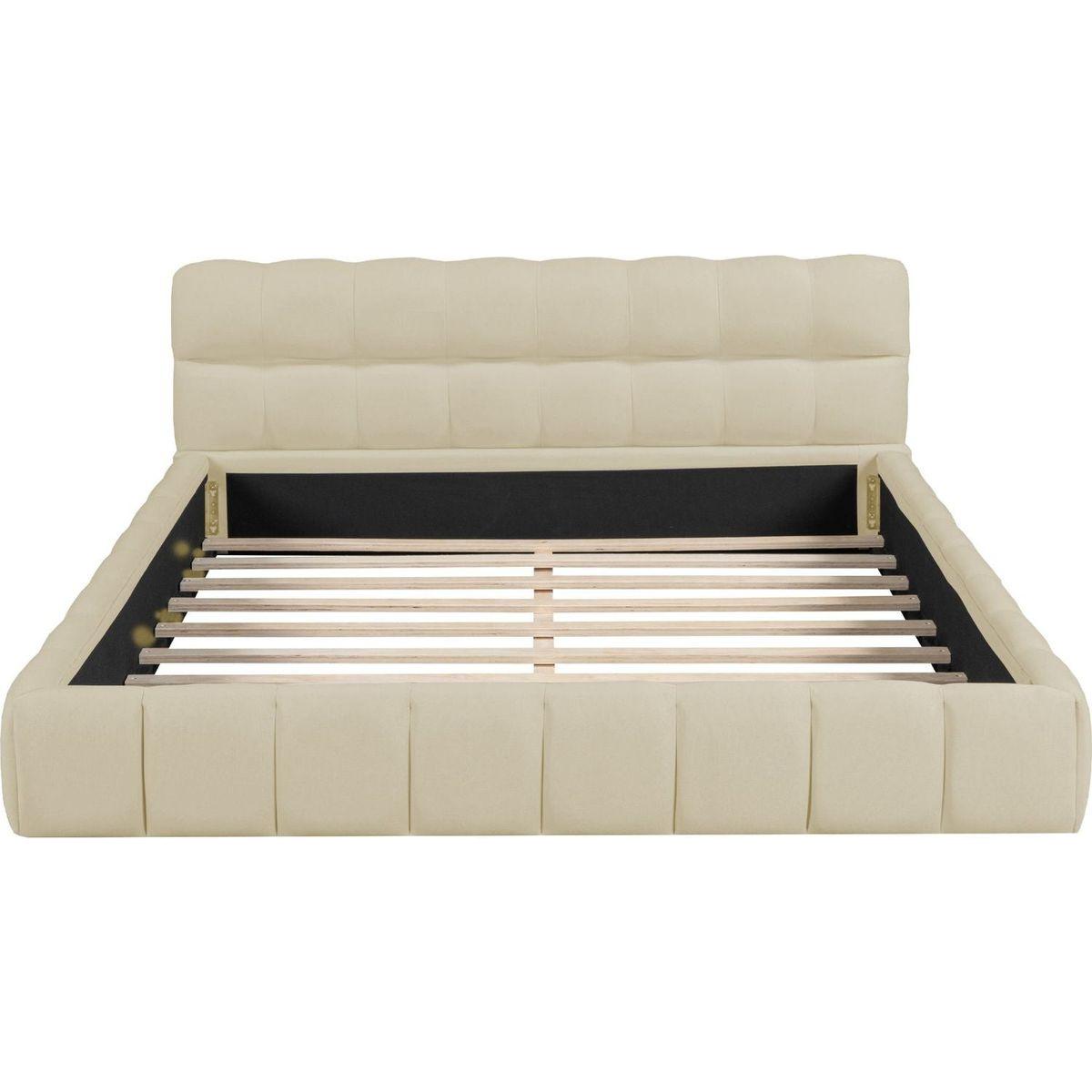 Queen Size Upholstered Platform Bed with Thick Fabric, Grounded Bed with Solid Frame, Beige