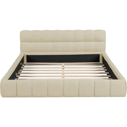Queen Size Upholstered Platform Bed with Thick Fabric, Grounded Bed with Solid Frame, Beige