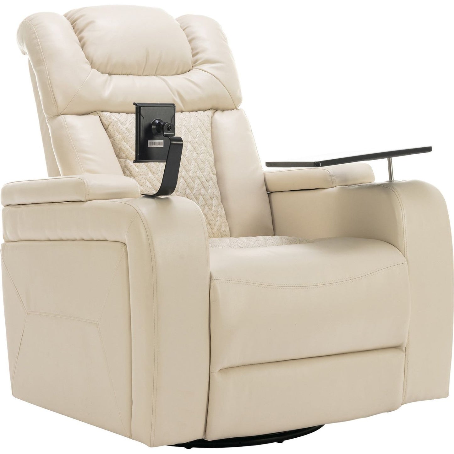 270 Degree Swivel PU Leather Power Recliner Individual Seat Home Theater Recliner with Comforable Backrest, Tray Table, Phone Holder, Cup Holder, USB Port, Hidden Arm Storage for Living Room, White