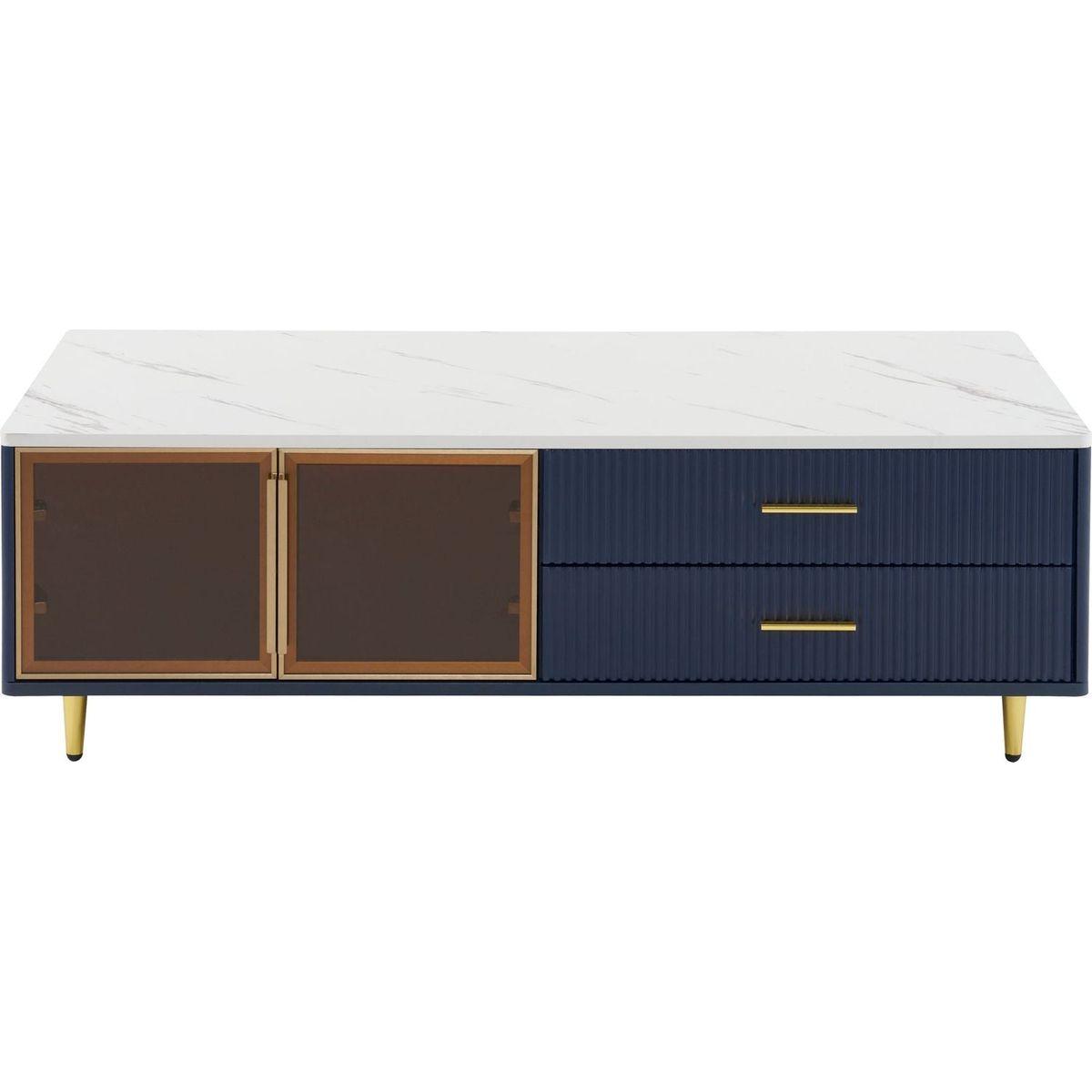 Modern Navy Blue Coffee Table with 2 Glass Door Storage, 4 Drawers, Gold Metal Legs, and Multi-Color Lighting in 47.2"