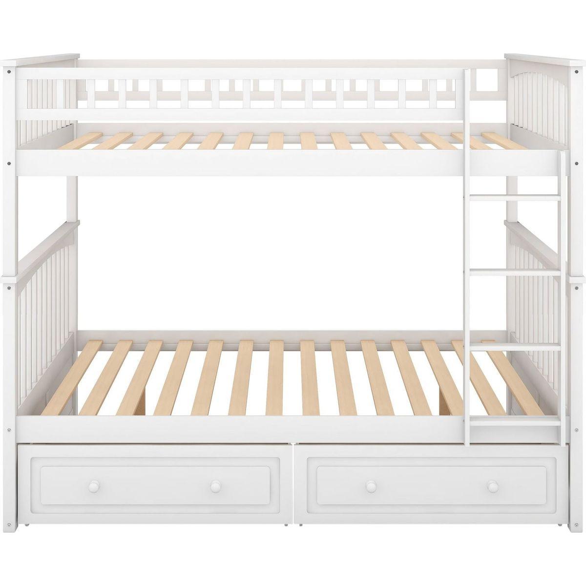 Full over Full Bunk Bed with Drawers, Convertible Beds, White