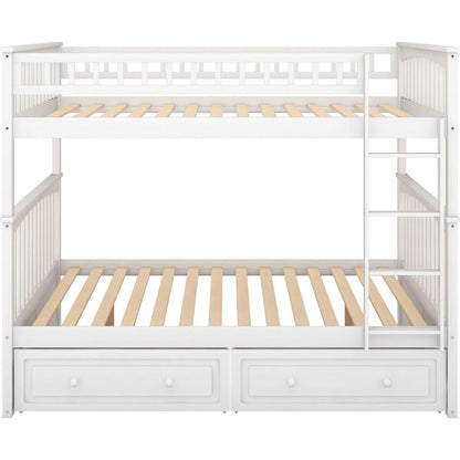 Full over Full Bunk Bed with Drawers, Convertible Beds, White