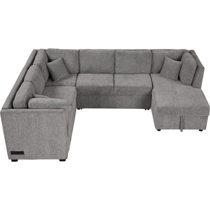 108.6" U-shaped Sectional Sofa Pull out Sofa Bed with Two USB Ports, Two Power Sockets, Three Back Pillows and a Storage Chaise for Living Room, Light Gray