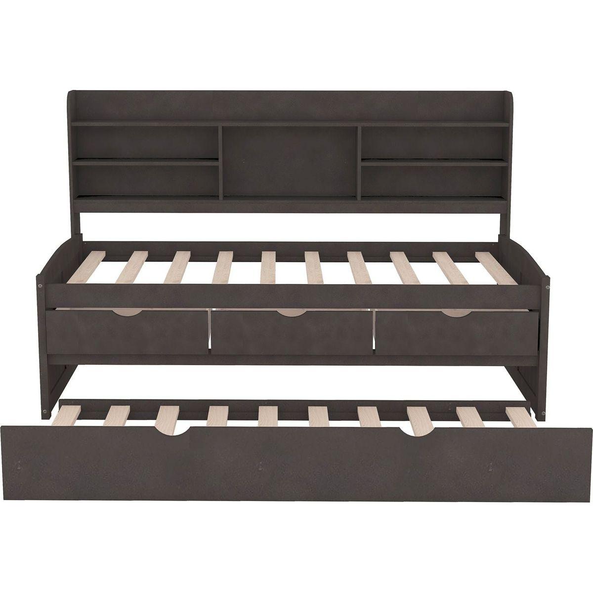 Twin Size Wooden Captain Bed with Built-in Bookshelves,Three Storage Drawers and Trundle,Antique Gray