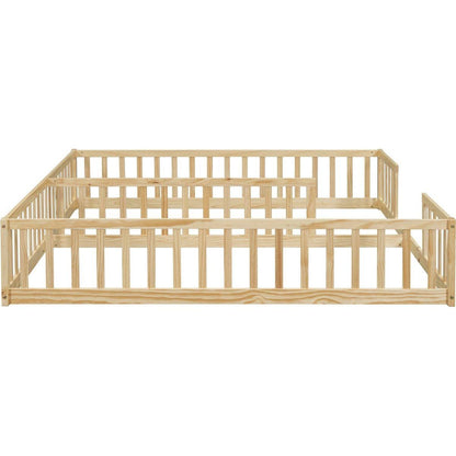 Double Twin Floor Bed with Fence, Guardrails, without door, Natural