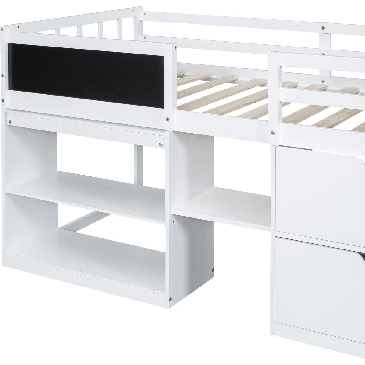 Twin Size Low Loft Bed with Rolling Desk, Shelf and Drawers - White