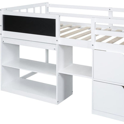 Twin Size Low Loft Bed with Rolling Desk, Shelf and Drawers - White