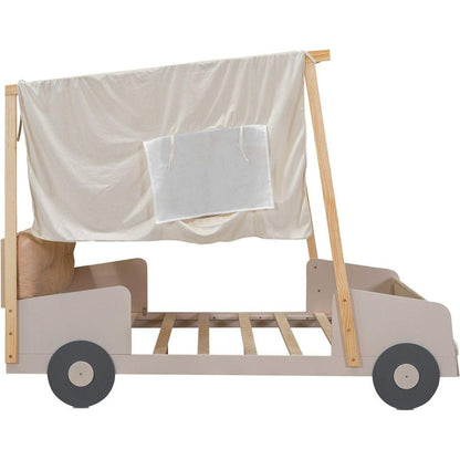 Wood Full Size Car Bed with Pillow, Ceiling Cloth and LED, Natural