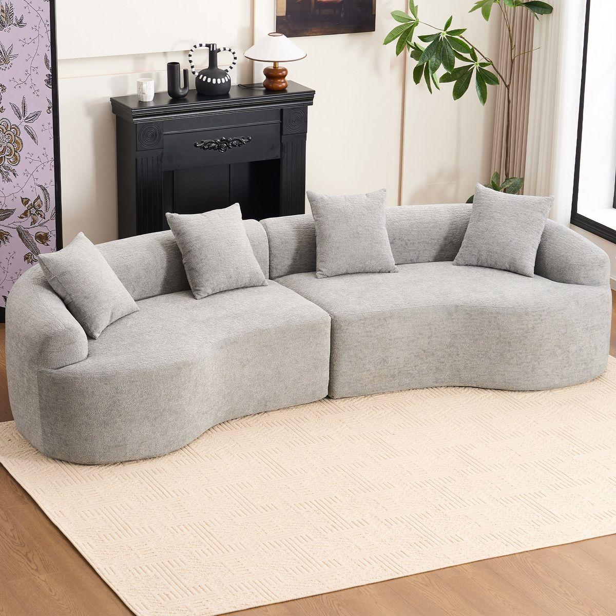 MODEL LY-025 COMPRESSION SOFA :4 Seater  Light Gray  Sofa with Chenille fabric, 30D ,60 Hardness full sponge,4 pillows for Living Room, Home Furniture Sleeper Sectional Sofa for Apartment
