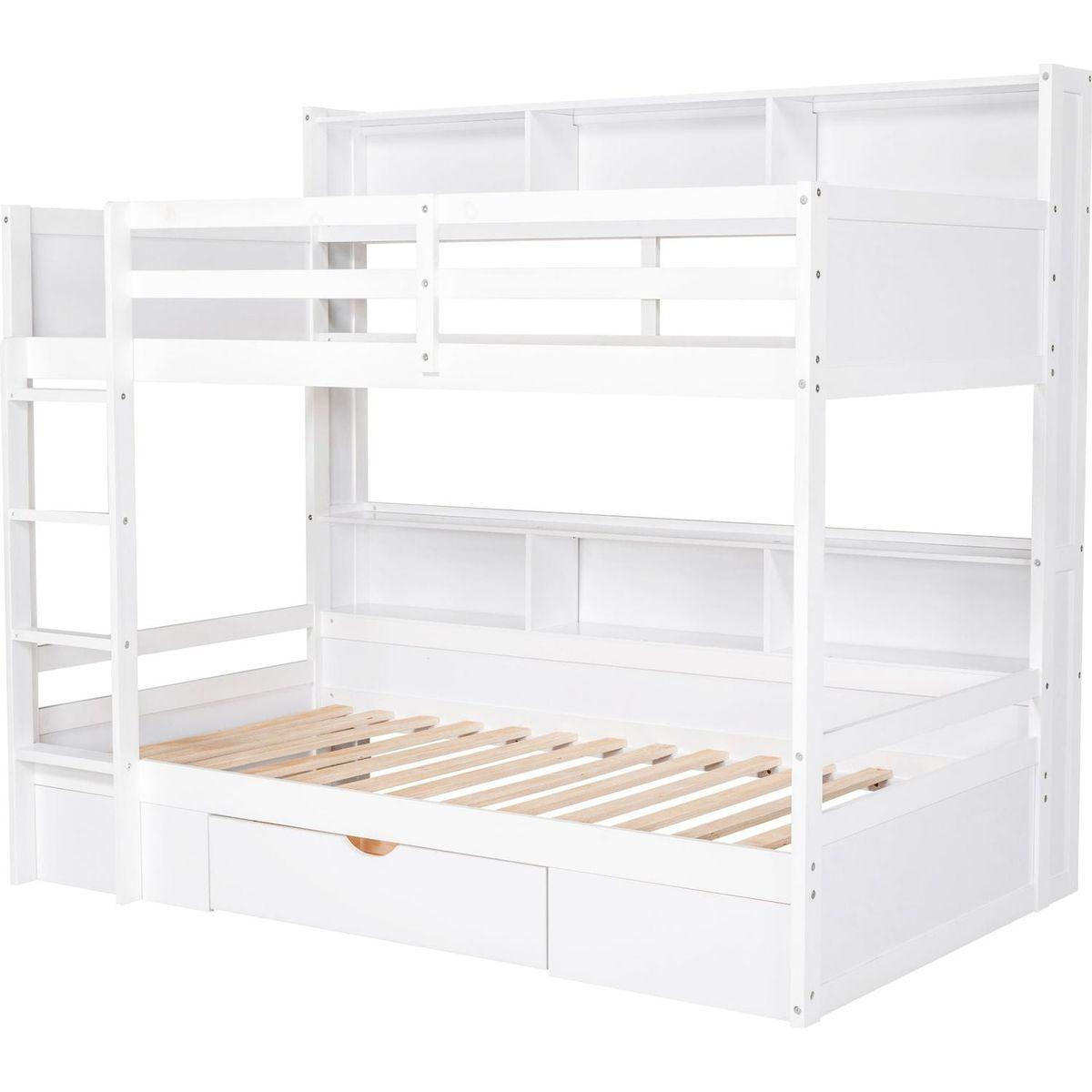 Twin Size Bunk Bed with Built-in Shelves Beside both Upper and Down Bed and Storage Drawer,White