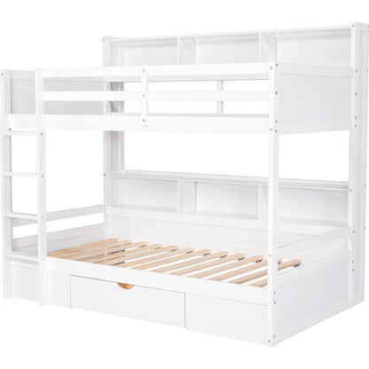 Twin Size Bunk Bed with Built-in Shelves Beside both Upper and Down Bed and Storage Drawer,White