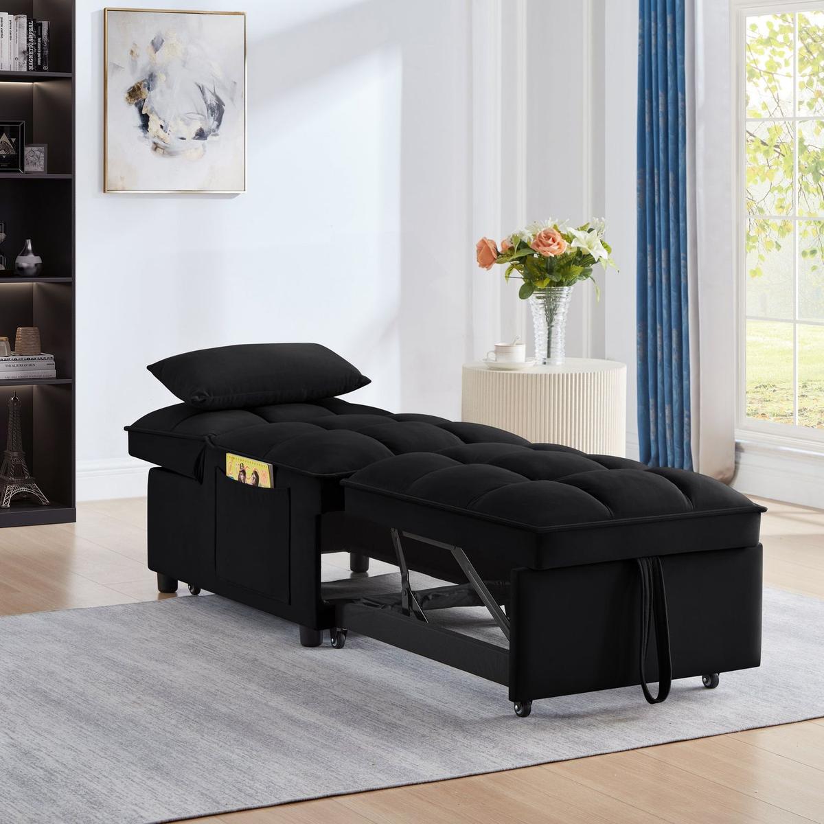 4 in1 Multi-Function Single Sofa Bed with Storage Pockets,Tufted Single Pull-out Sofa Bed with Adjustable Backrest and Pillows, Convertible Chaise Lounge,Black