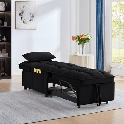 4 in1 Multi-Function Single Sofa Bed with Storage Pockets,Tufted Single Pull-out Sofa Bed with Adjustable Backrest and Pillows, Convertible Chaise Lounge,Black