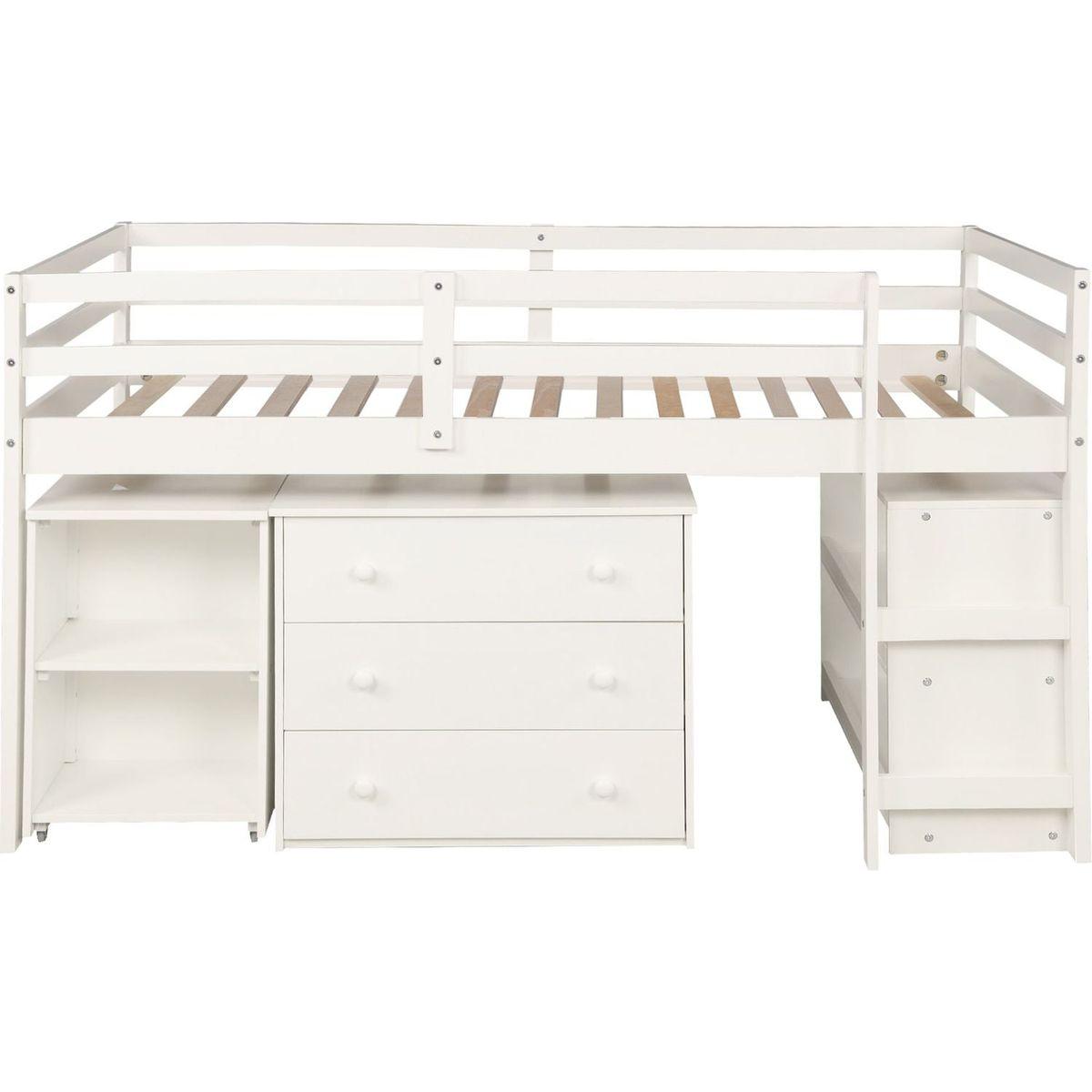 Low Study Twin Loft Bed with Cabinet and Rolling Portable Desk - White
