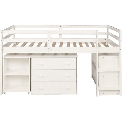 Low Study Twin Loft Bed with Cabinet and Rolling Portable Desk - White