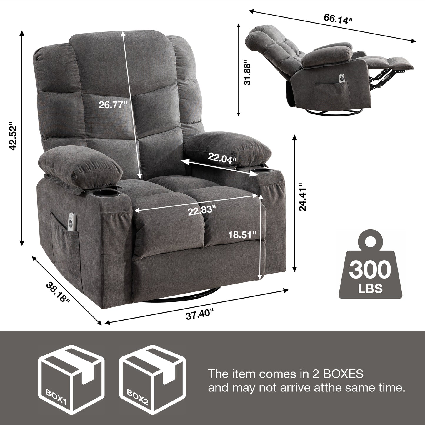 Massage Rocker Recliner Chair Rocking Chairs for Adults Oversized with 2 Cup Holders, USB Charge Port Soft Features a Manual Massage and Heat.(A+B)GREY