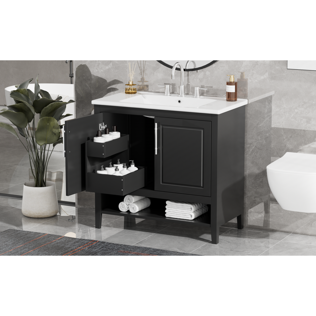 36" Bathroom Vanity with Sink, Multi-functional Bathroom Cabinet with Doors and Drawers, MDF Frame and MDF Board, Black