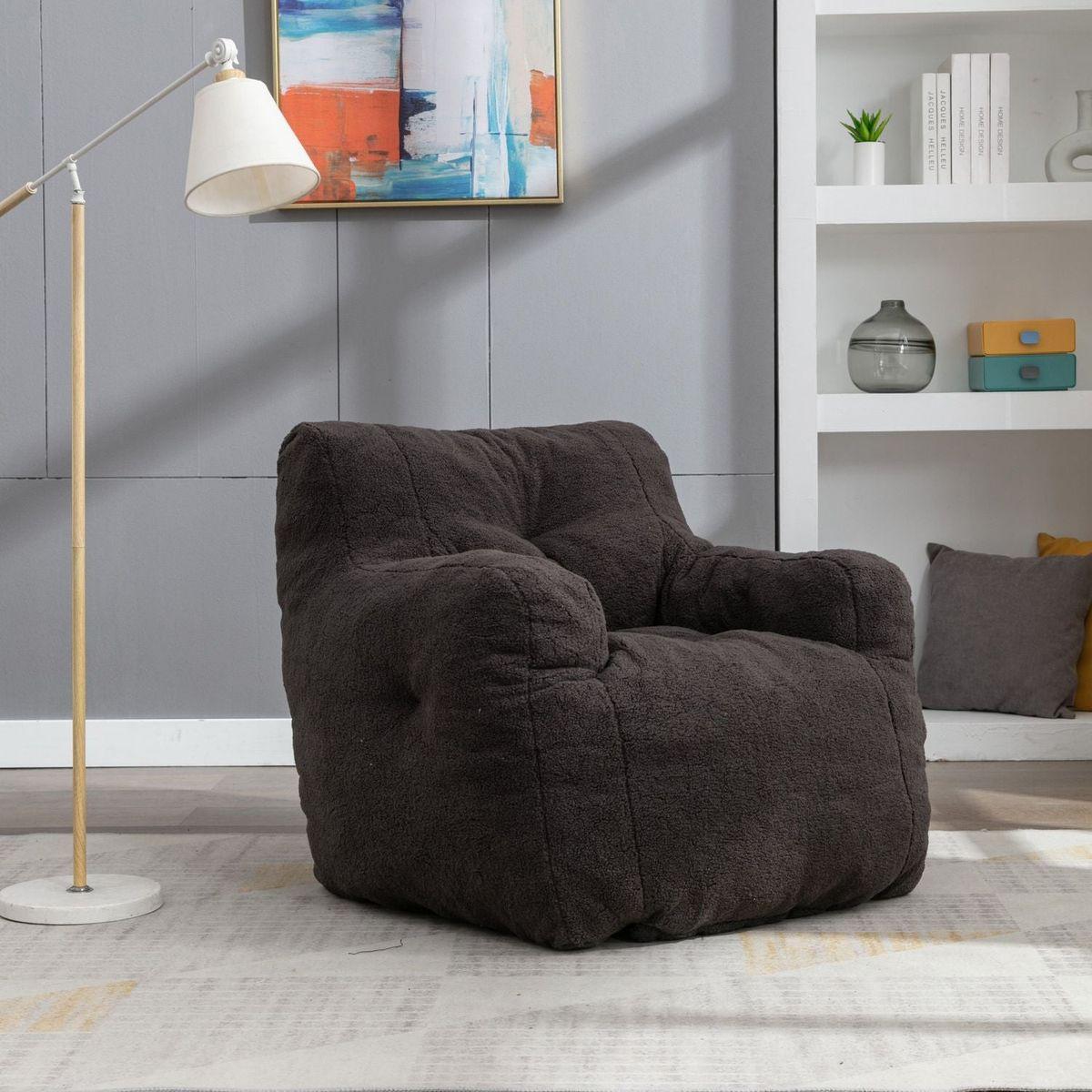 Soft Teddy Fabric Tufted Foam Bean Bag Chair With Teddy Fabric Dark Gray
